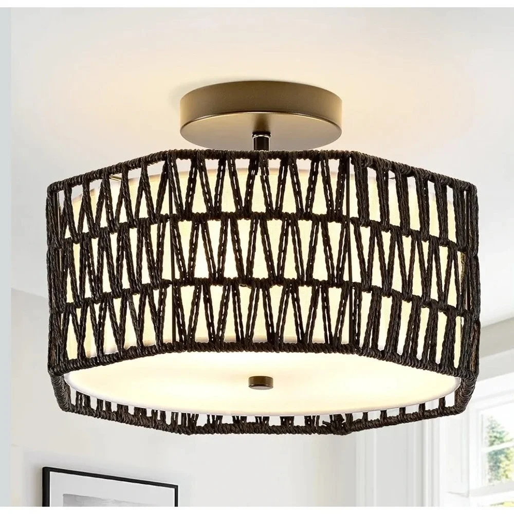 12.6 Octagon Boho Style Rattan Ceiling 3 Light Flush Mount Black Ceiling Light